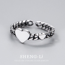S925纯银戒指女开口可调节时尚个性大小爱心双桃心指环心形银戒指