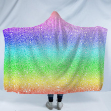 厂家直供 斗篷连帽加厚双层毯子七彩系列 3D印花带帽毛毯一件代发