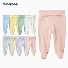 minizone新生儿裤子0-3-6月男女宝宝高腰护肚婴儿春秋包脚裤连袜