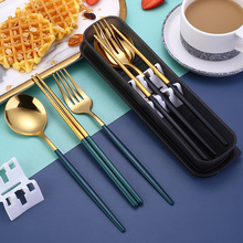 不锈钢勺叉便携葡萄牙餐具学生旅行餐盒三件套叉勺筷套装公勺公筷