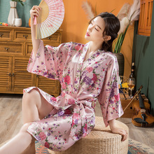 女士睡袍欧美仿真丝色丁伴娘和服外贸碎花薄开衫夏季晨袍短款浴袍