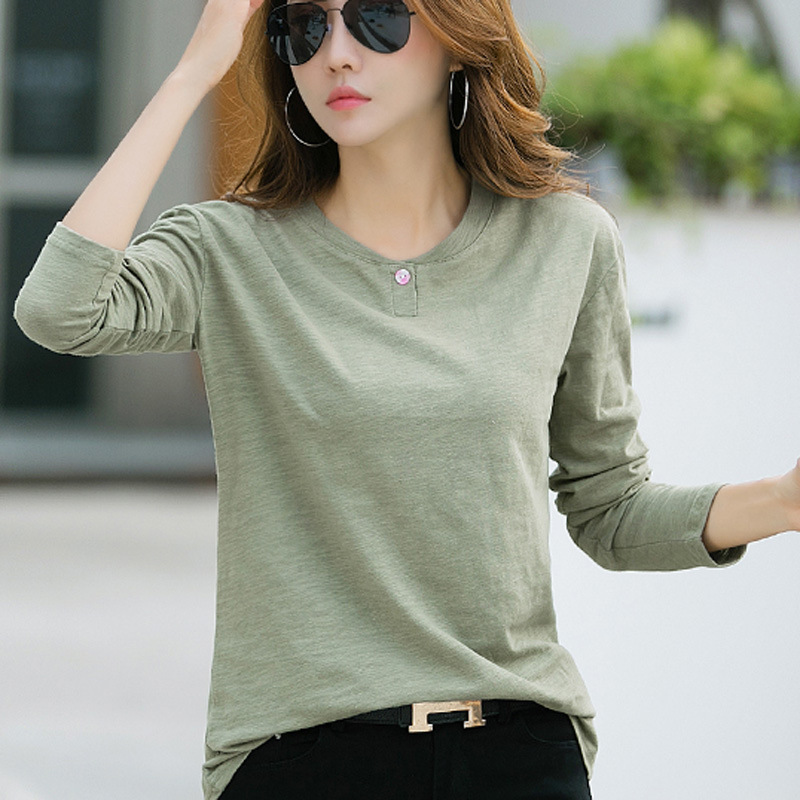 2025春季新款时尚休闲韩版宽松显瘦长袖T恤女士竹节棉简约打底衫