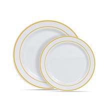 10.25英寸西式一次性食品级PS塑料餐盘烫金彩金边盘银边盘晚餐碟