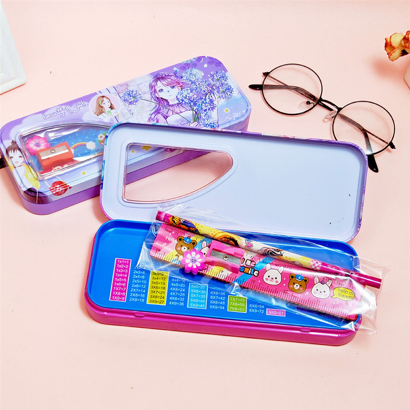 Wholesale Cartoon Double-Layer Stationery Box Iron Pencil Box Student Stationery Set Children Large Capacity Pen Case Office Supplies