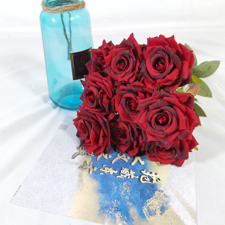 artificial flower artificial plant 9-Head Rose Diamond Rose Handle Bunch Rose Foreign Trade Rose Wedding Road Lead Flower Row Table Flower Decoration Handle Bunch Rose