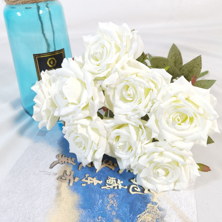 artificial flower artificial plant 9-Head Rose Diamond Rose Handle Bunch Rose Foreign Trade Rose Wedding Road Lead Flower Row Table Flower Decoration Handle Bunch Rose