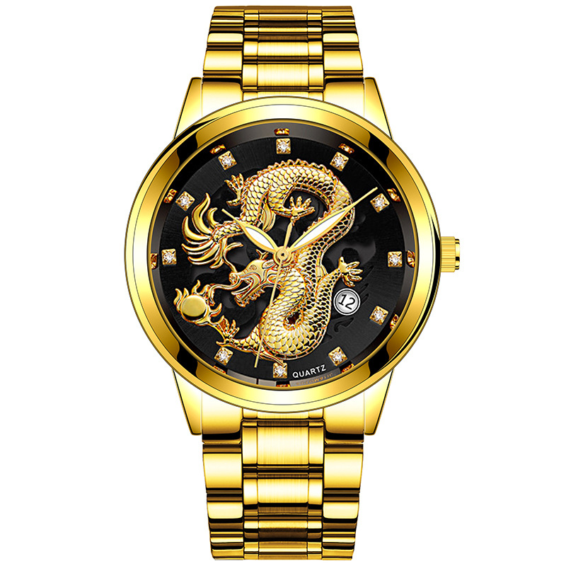 厂家直销钢带金色浮雕金龙非机械商务合金镶钻带日历石英男士手表