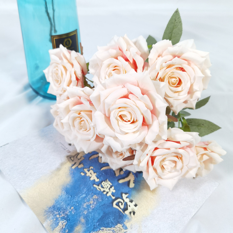 artificial flower artificial plant 9-Head Rose Diamond Rose Handle Bunch Rose Foreign Trade Rose Wedding Road Lead Flower Row Table Flower Decoration Handle Bunch Rose