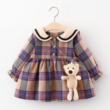 2020外贸 童裙女宝宝韩版格子裙长袖时尚女童连衣裙送熊一件代发