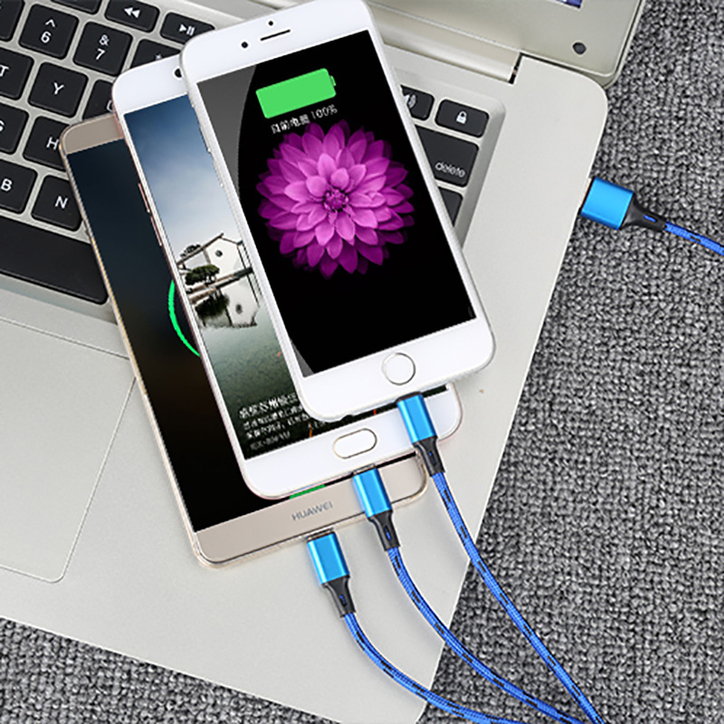 iphone Tiger Pattern Three-in-One Data Cable for Apple Huawei Android Woven Three-in-One V8 Data Cable Factory Wholesale
