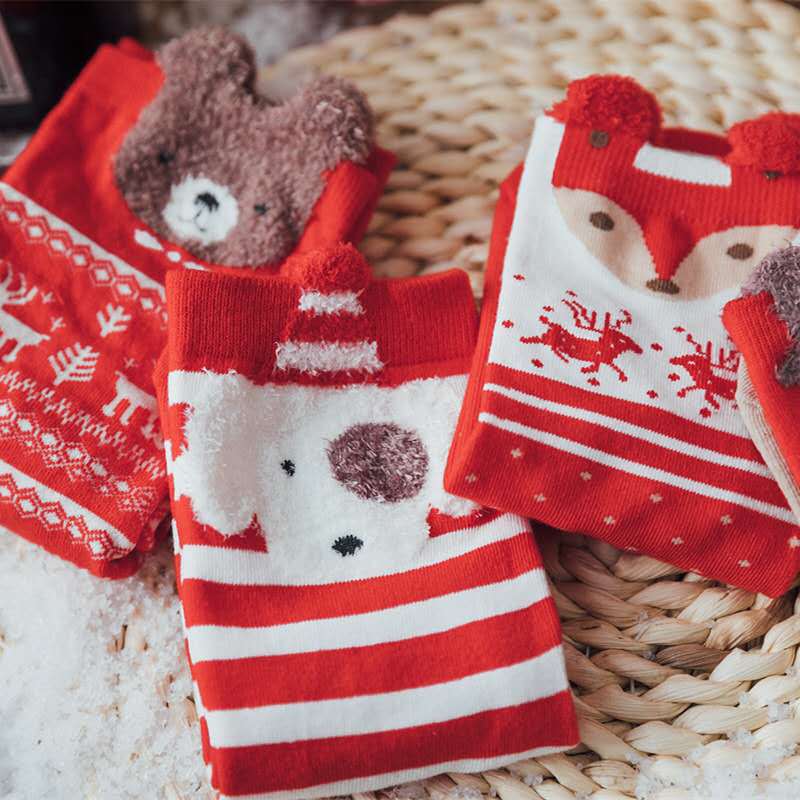 Cross-Border New Christmas Stockings Gift Box Cartoon Cute Mid-Calf Length Socks Female Cotton Socks Boxed Red Christmas Stockings Wholesale