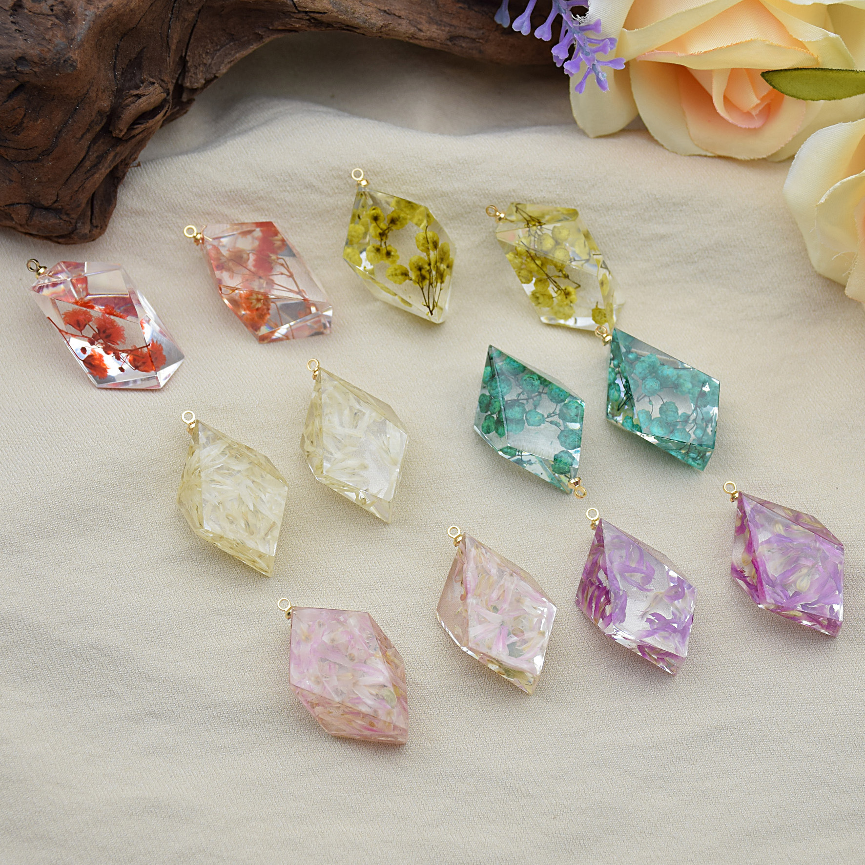 富光树脂 清新甜美异形干花滴胶耳环 项链吊坠diy手作饰品配件