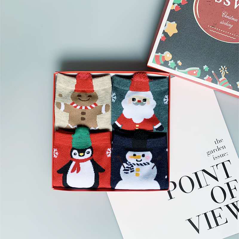 Cross-Border New Christmas Stockings Gift Box Cartoon Cute Mid-Calf Length Socks Female Cotton Socks Boxed Red Christmas Stockings Wholesale