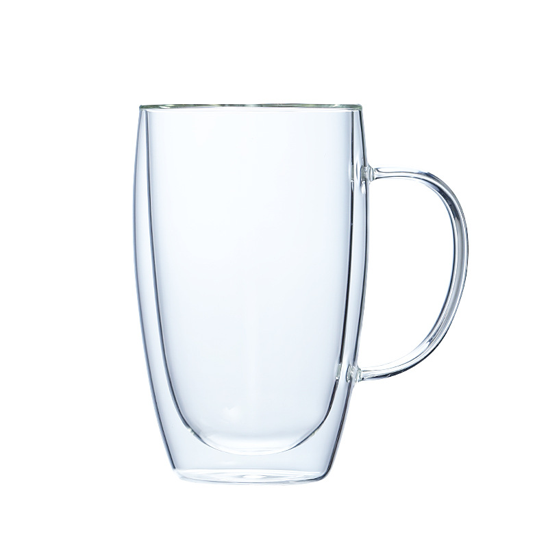 Factory Wholesale Logo Transparent with Handle Double Layer Glass Cup Coffee Cup Juice Cup Household Thermal Insulation