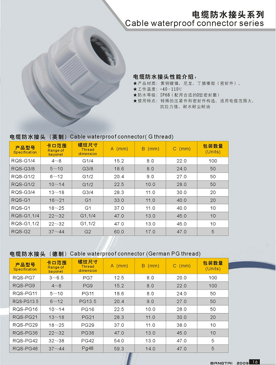 厂家供应"邦泰"牌尼龙防水电缆防水接头 pg11