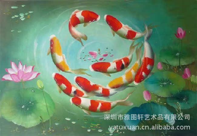 九鱼荷花图油画