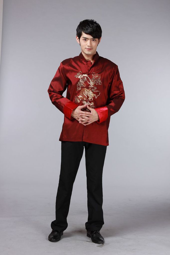 男士绣龙唐装男长袖外套中国风丝绸男装上衣喜庆司仪舞台表演迎宾