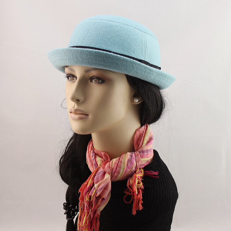 秋冬羊毛礼帽批发 瑞丽女式圆顶毡帽 卷边小檐帽子批发