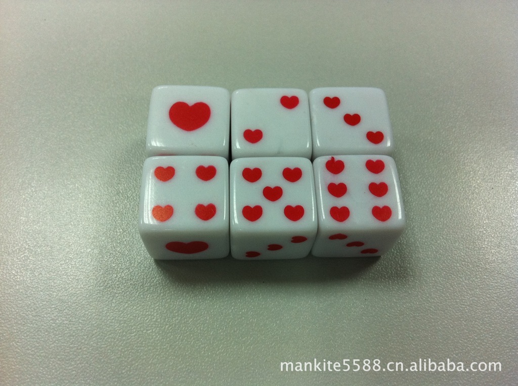 16mm方角丝印心形骰子创意点数骰子心形替代点数创新玩具色子筛子