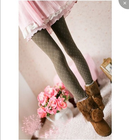 秋冬格子点点几何条纹 日系可爱圆点提花连裤丝袜