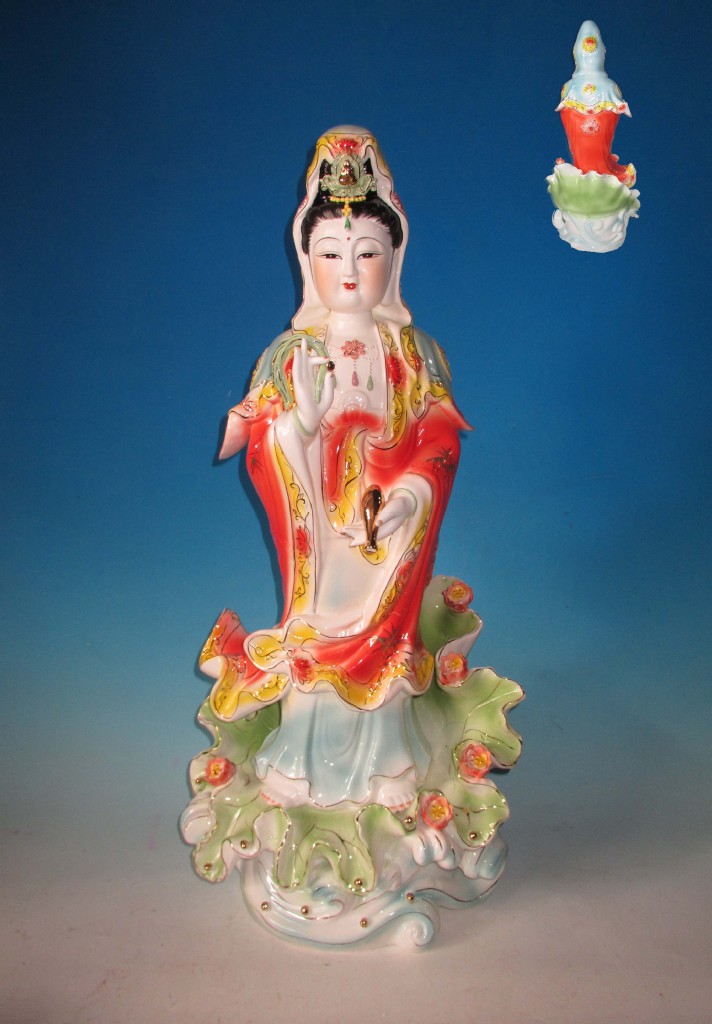 20寸五彩坐双莲花观音 陶瓷佛像/潮州陶瓷佛像批发
