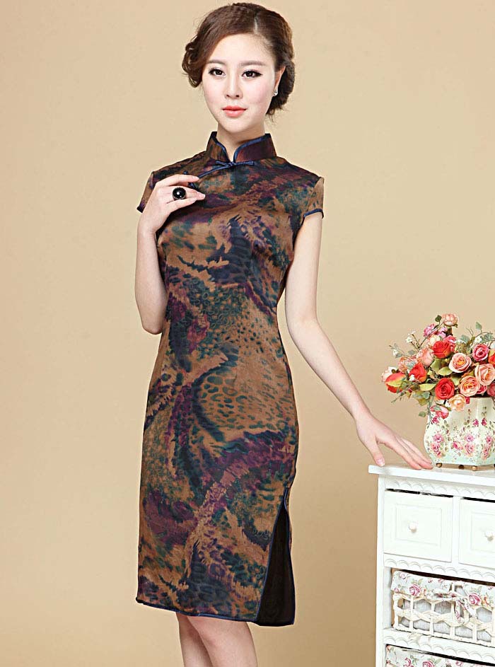 柜正品 真丝香云纱民族风斜襟修身短袖旗袍8057