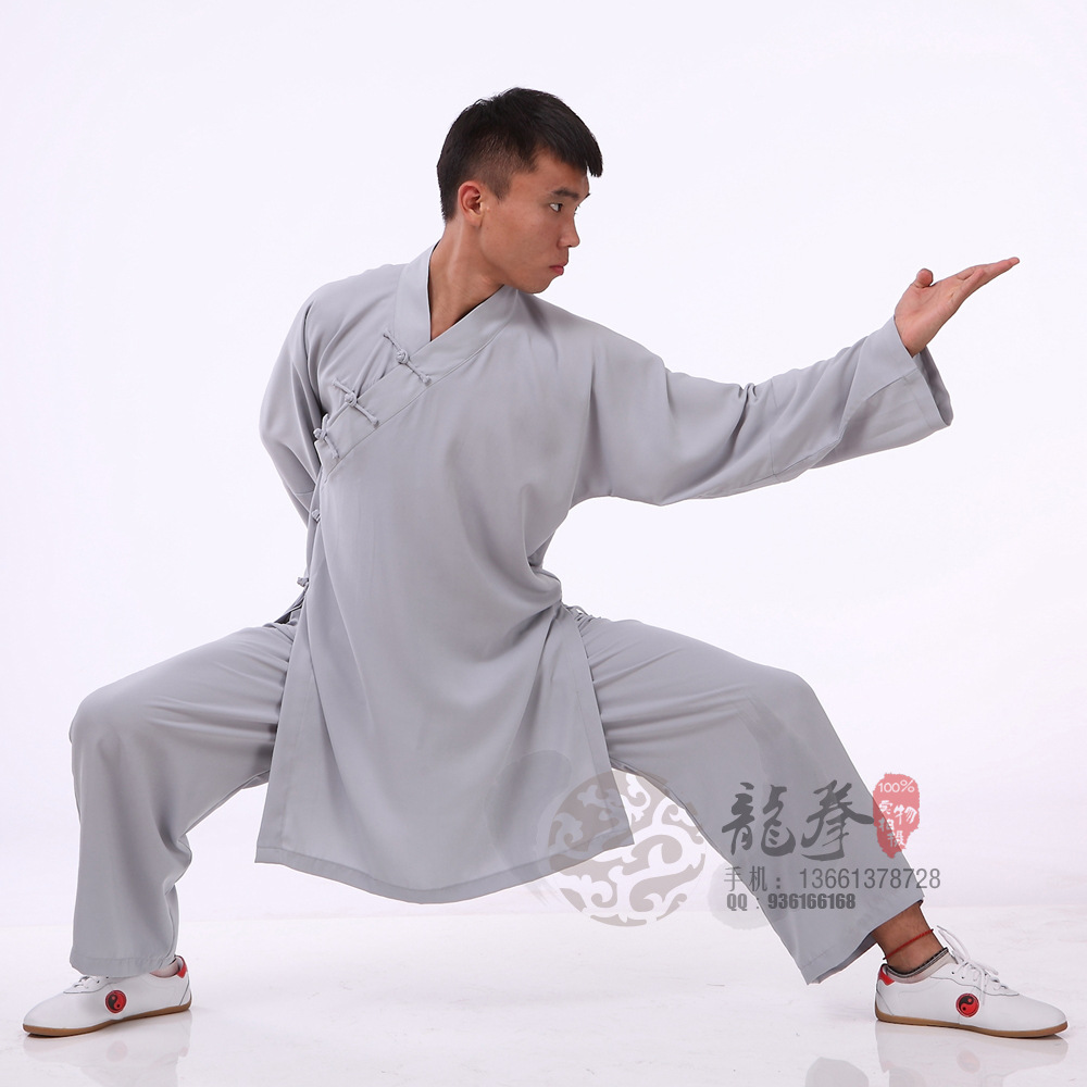 龙拳重磅棉加丝灰色表演服武当服 少林服装武术服 长短褂可定做