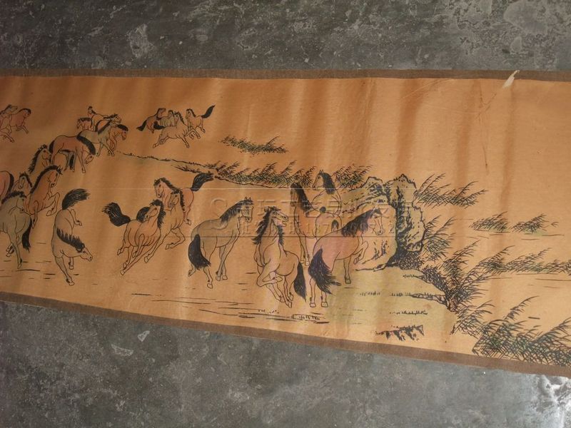 古玩批发复古长卷字画书法/横幅复古画长卷绢画 百马图 已装裱