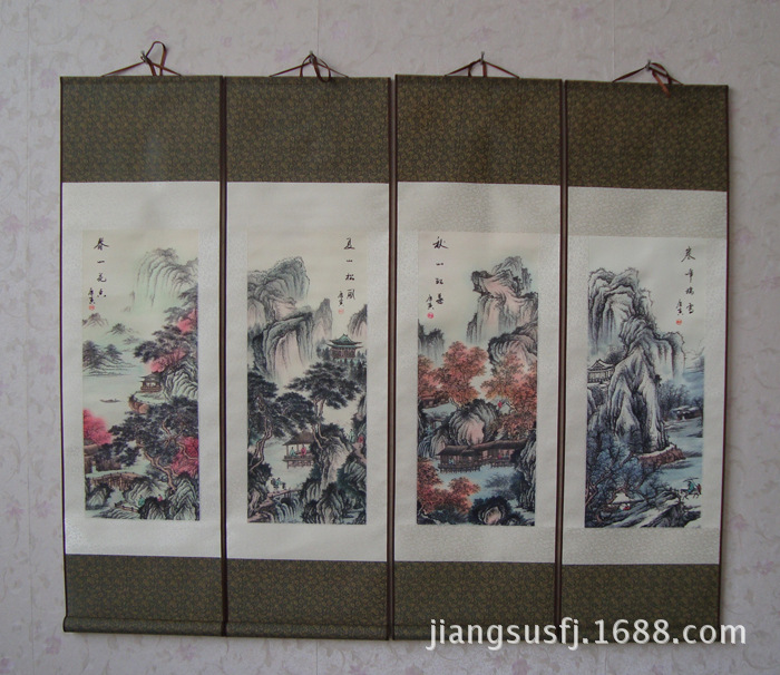 家居装饰唐寅仿古四条屏春夏秋冬丝绸画 卷轴成套国画t12