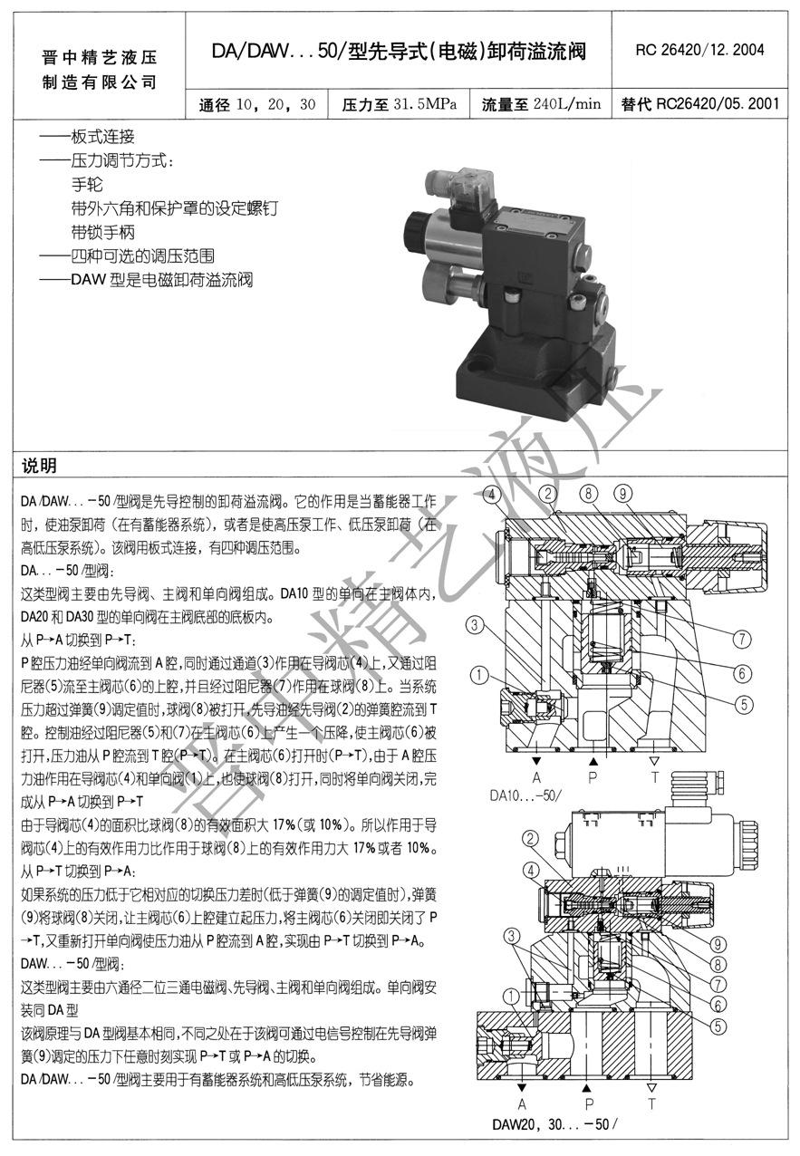 销售 先导式卸荷溢流阀 da/daw50 型 先导溢流阀