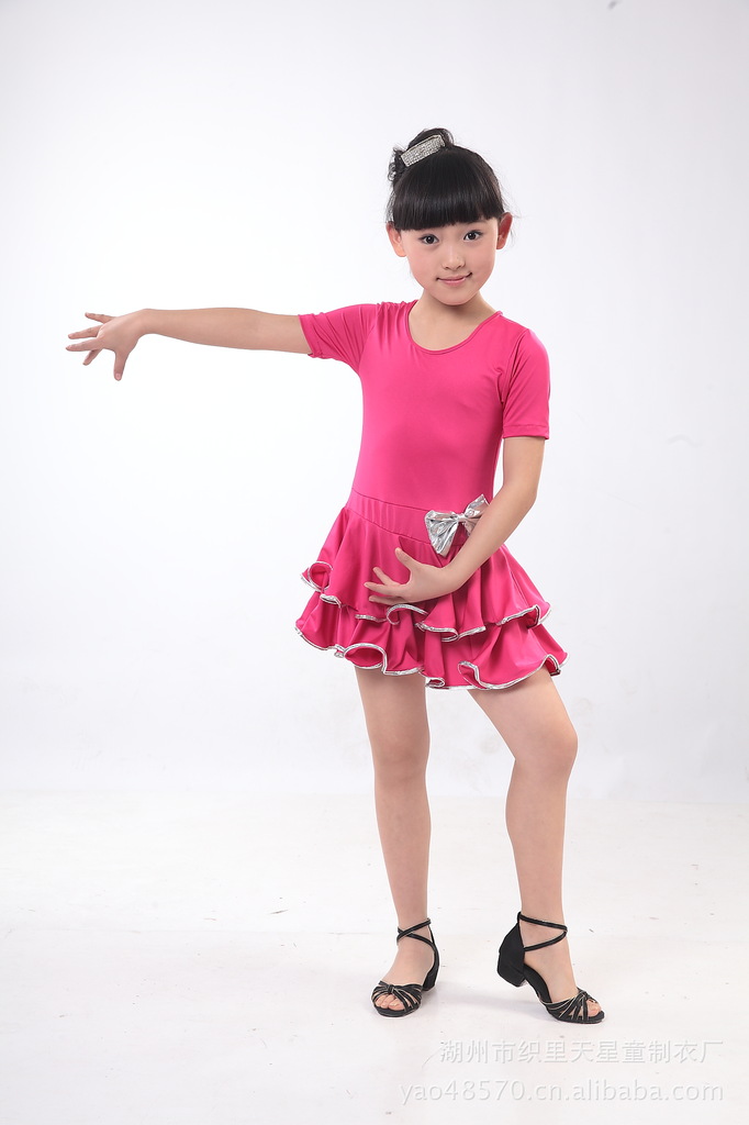 儿童练功服女童拉丁舞服考级连衣裙节日舞蹈服连体大摆长短袖