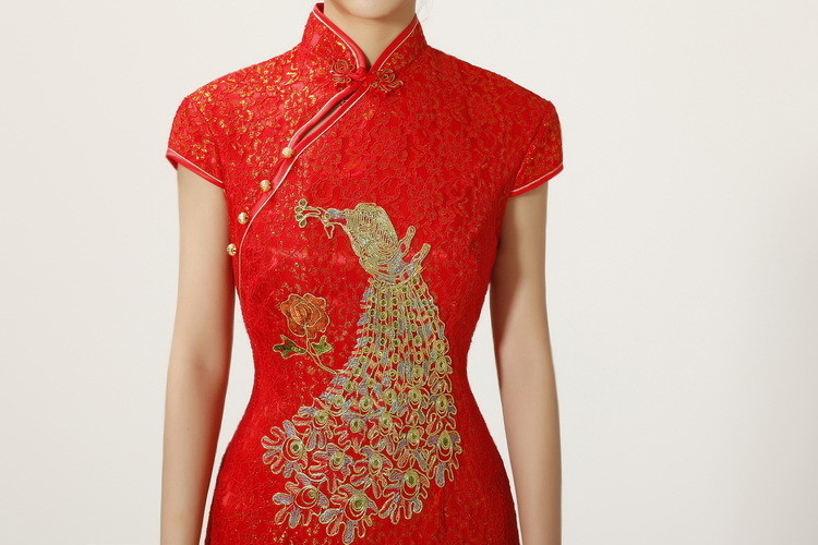 新娘敬酒晚宴礼服旗袍 中式改良修身显瘦孔雀旗袍