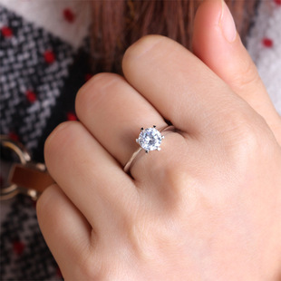 正品s925纯银镀白金戒指 六爪镶钻戒 结婚戒指女 求婚表白送女友