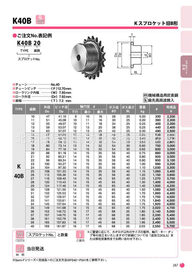 供应原装 日本片山链条kana k40链轮 旧b型 k40b11 k40b17