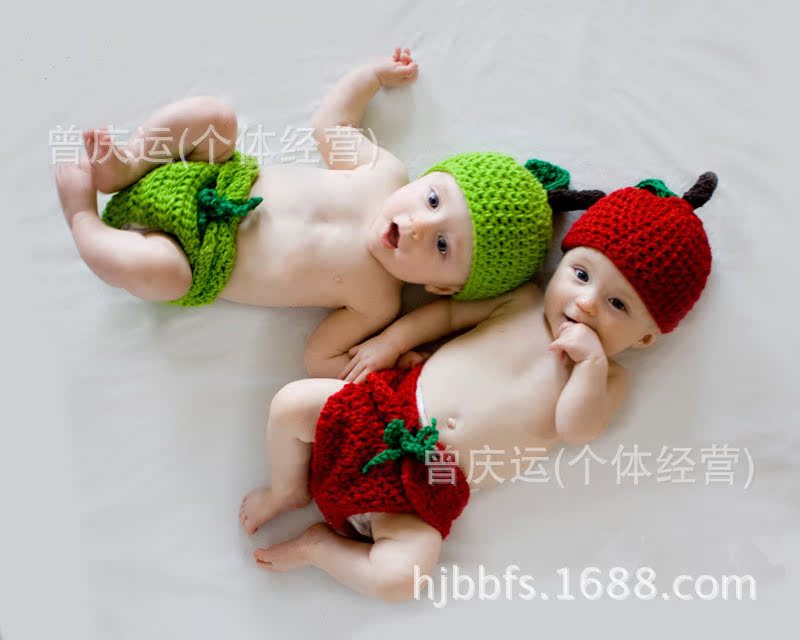跨境苹果造型宝宝拍照衣服批发 手工针织货源代理 婴儿帽子