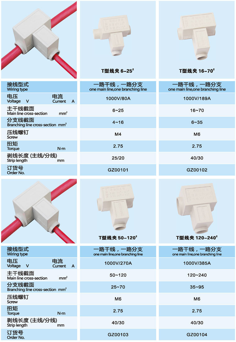 否输出孔数1电缆尺寸240mm2货号0193型号fj6系列t型线夹导线分流器品