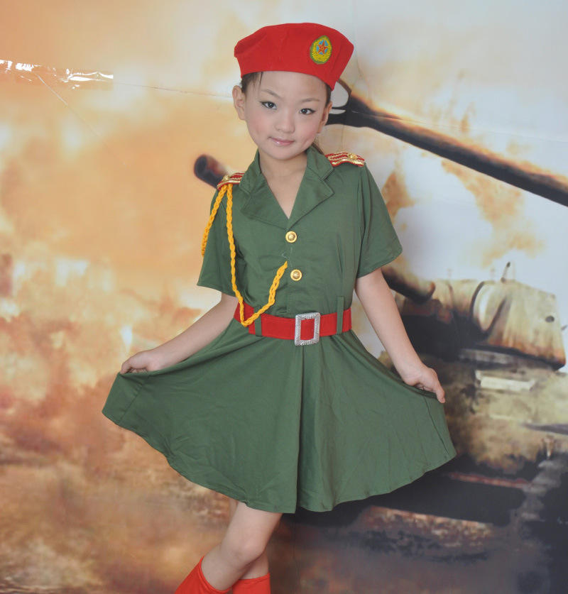 新款儿童摄影小学生舞台演出服舞蹈表演服女孩现代舞军装文艺女兵