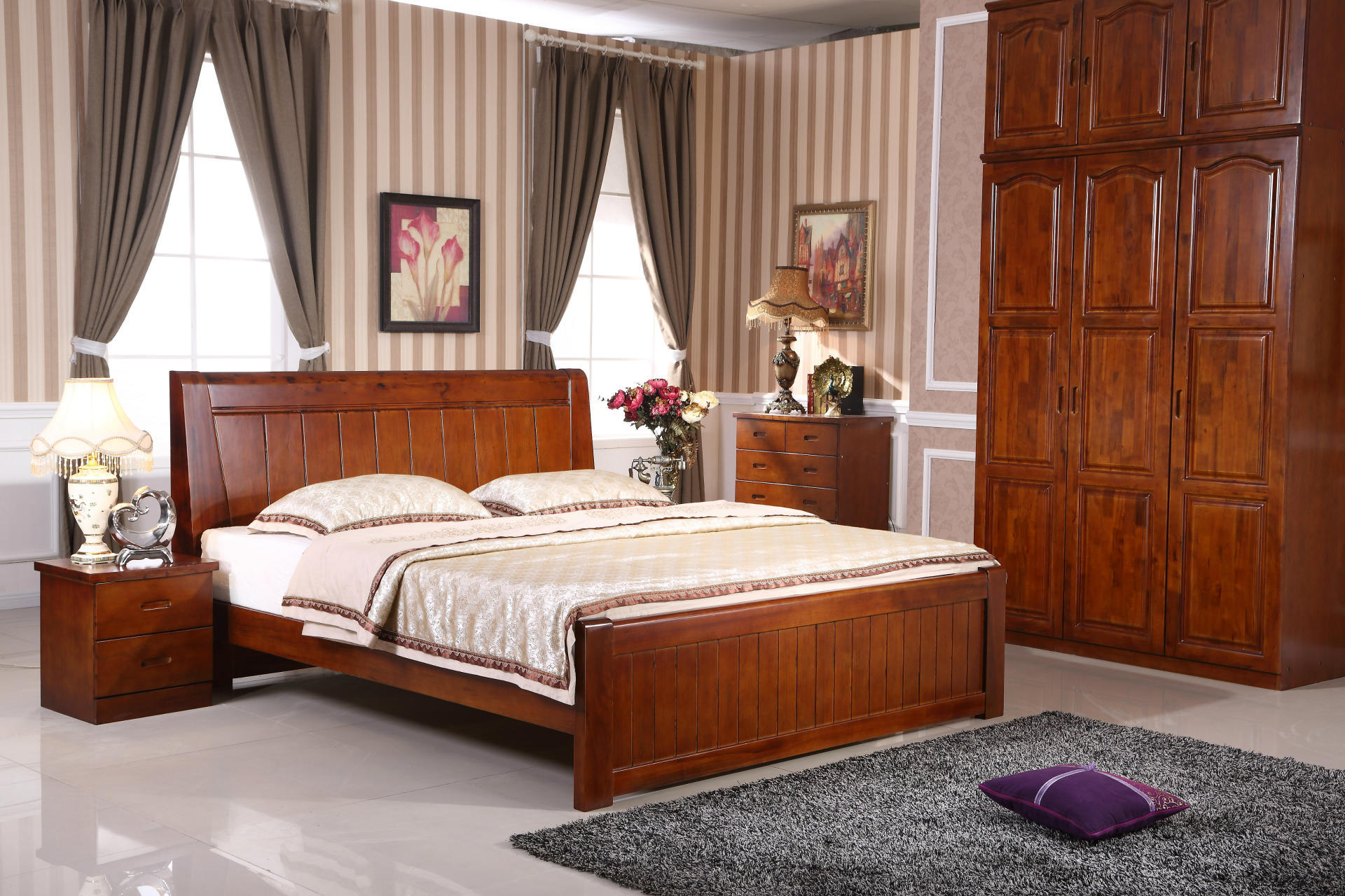 成都豪爽实木家具b823香樟木床中式双人床双层实木床红棕色实木床