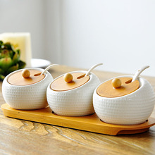 厂家直销竹木陶瓷调味罐套装调料盒三件套厨房用具创意纯白调味罐