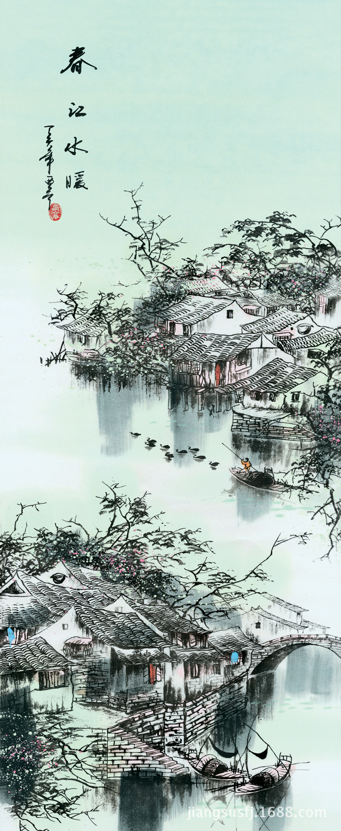 家居装饰工笔四条屏江南水乡春夏秋冬丝绸画 卷轴成套国画t08