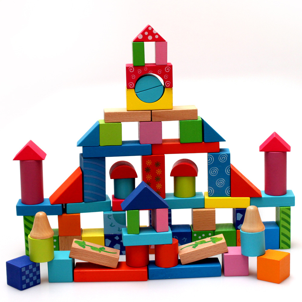 100粒印花桶装木制积木儿童木质100粒积木玩具