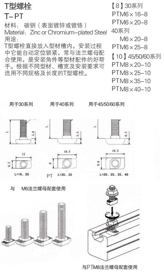 碳钢q215 产品等级:a级 产品说明:t型螺栓直接放入型材槽内,安装过程