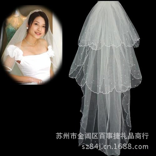 新娘结婚礼服头纱 白色三层珍珠月牙边婚纱头纱 可来样定做混批