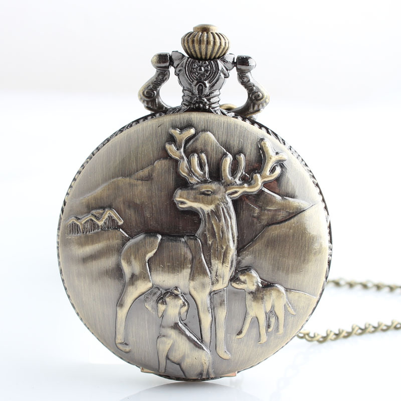 大号经典版复古时尚青铜梅花鹿雕花翻盖怀表挂表潮流石英男女手表