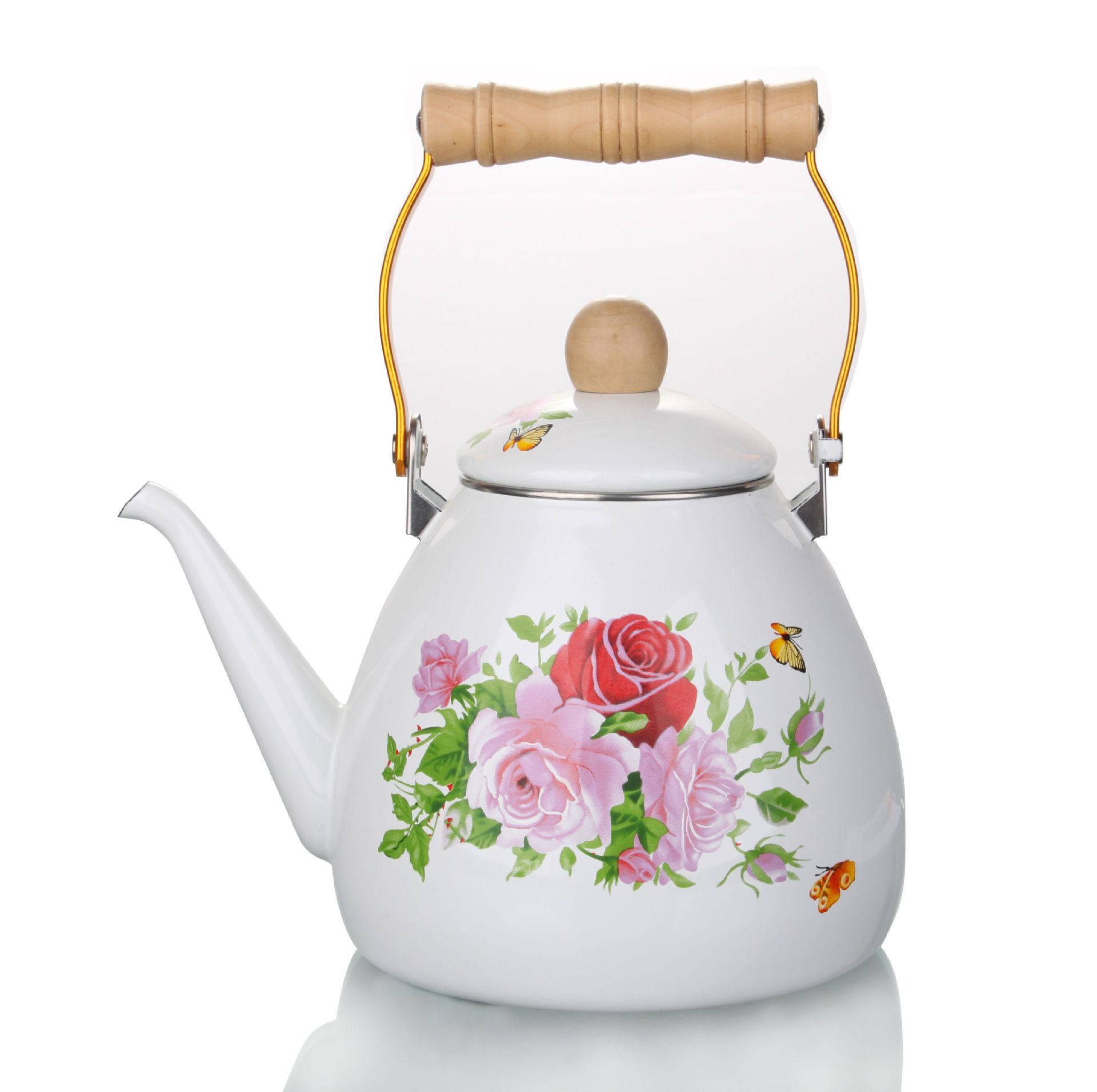 批发出口 2.0l木柄搪瓷水壶直底月季花壶 厚0.8mm 厂家直销