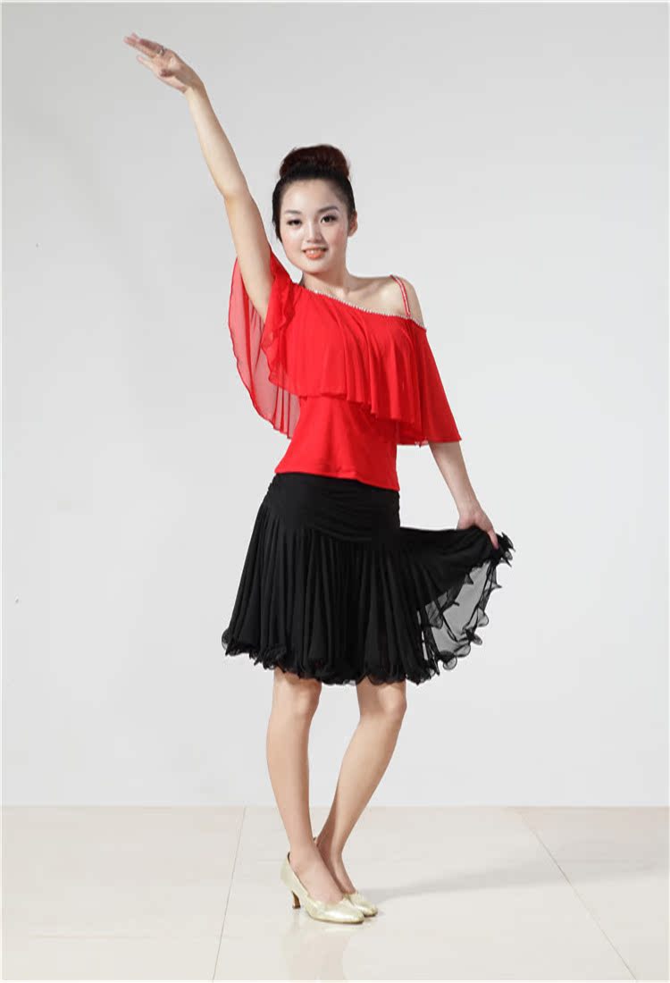 纯色国标新款拉丁舞裙 广场舞蹈裙子比赛表演服装纯色半身裙