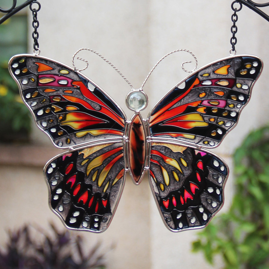 厂家定制彩绘玻璃蝴蝶欢迎门牌 拉膏彩绘蝴蝶挂饰 彩绘批发