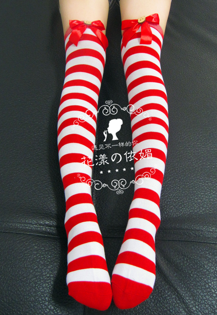 2014年圣诞新款红白条纹袜可爱猫猫球大腿袜膝上袜圣诞袜厂家批发