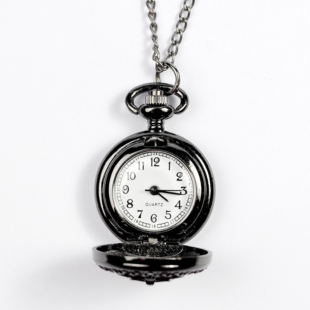 实物拍摄 复古情怀雕花皇冠圆形黑色石英小号怀表6063