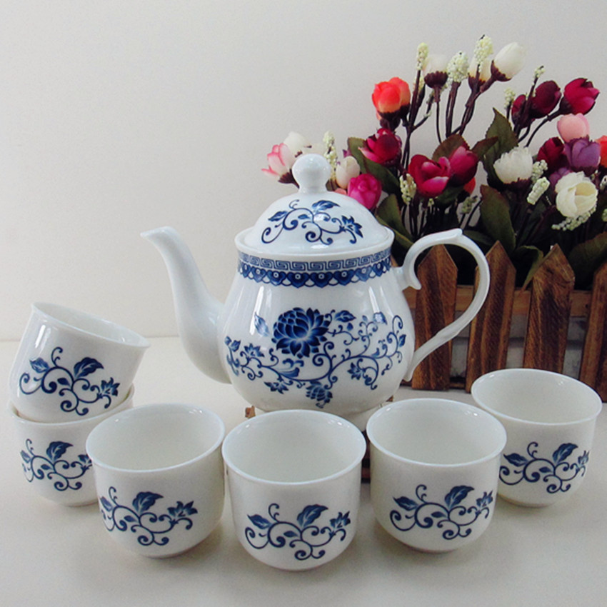 潮州茶具厂 七件套骨瓷茶具套装 青花瓷 高档商务礼品 可加字